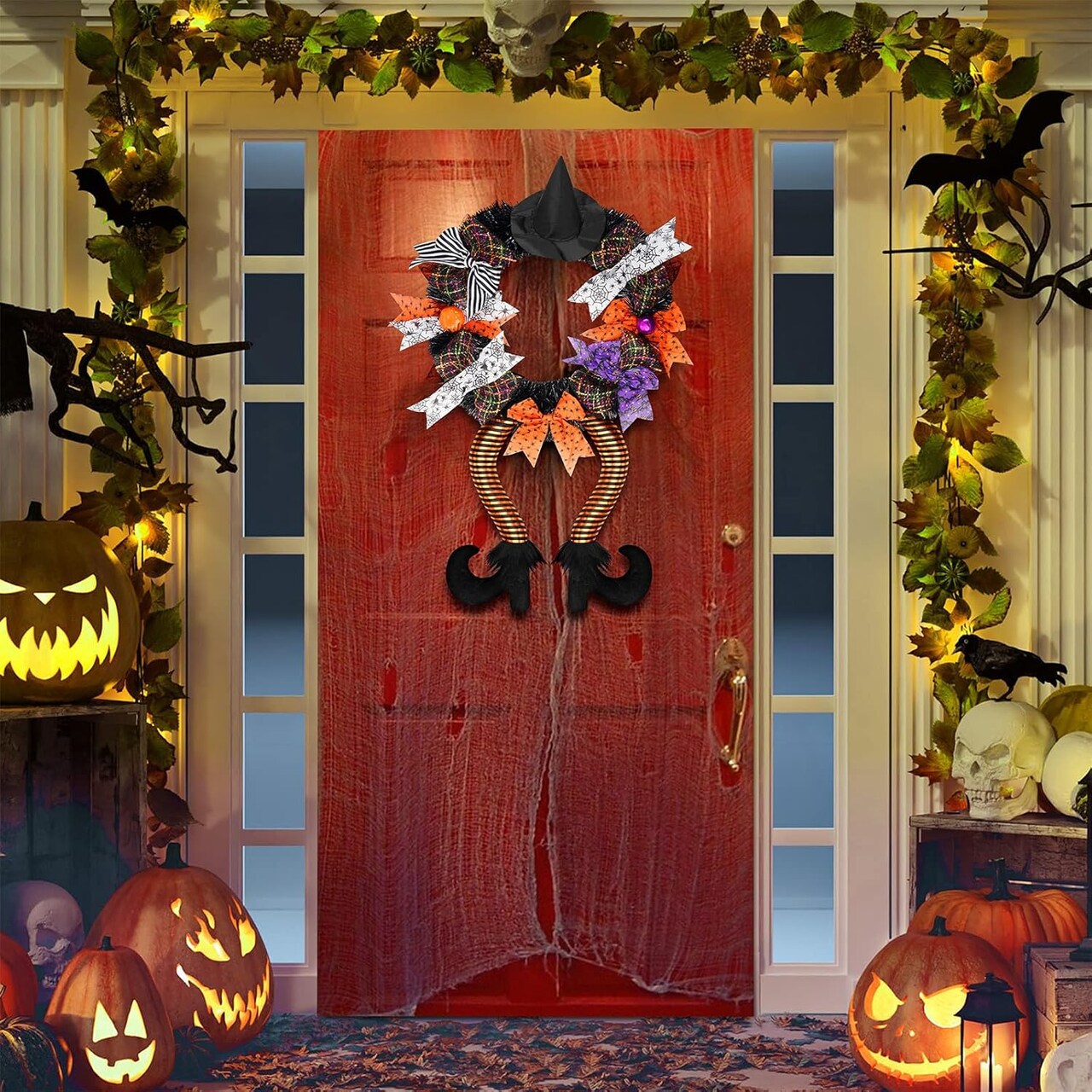 Halloween Wreath - 28 X 12'' Witch Wreaths for Front Door with Witch Hat Legs Pumpkin Harvest Silk Halloween Hanging Decor Wreath Sign Halloween Decorations for Door, Porch, Window,Indoor and Outdoor